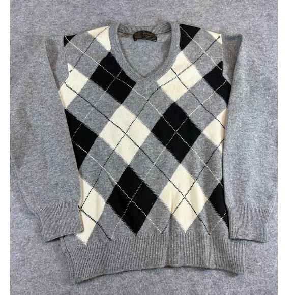 VINTAGE Pringle Of Scotland Sweater Mens Small Gray Argyle Wool Academia Preppy - Picture 1 of 6